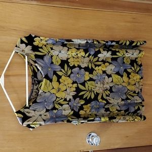 Vikki Vi 1X Women's top, black background, green, yellow and blue flowers